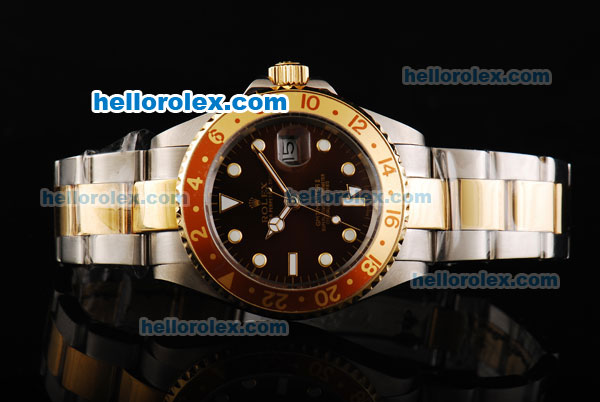 Rolex GMT-Master II Oyster Perpetual Automatic Two Tone with Wine/Yellow Bezel,Wine Dial and White Round Bearl Marking - Click Image to Close